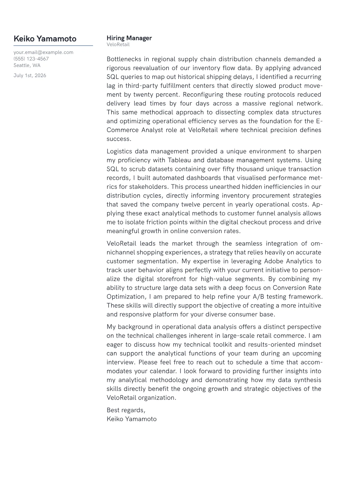 E-Commerce Analyst cover letter in the Margin design