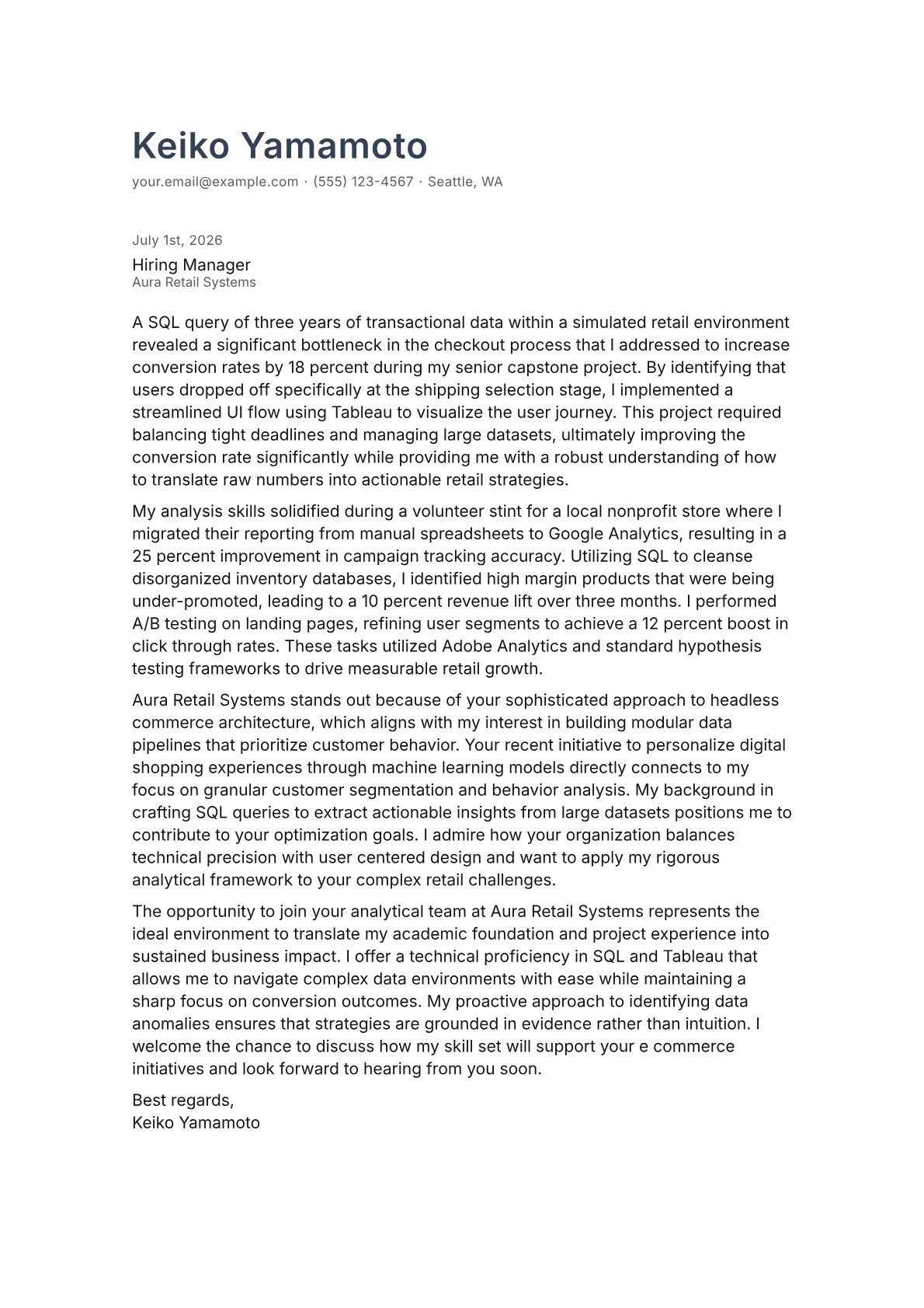 E-Commerce Analyst cover letter in the Minimal design