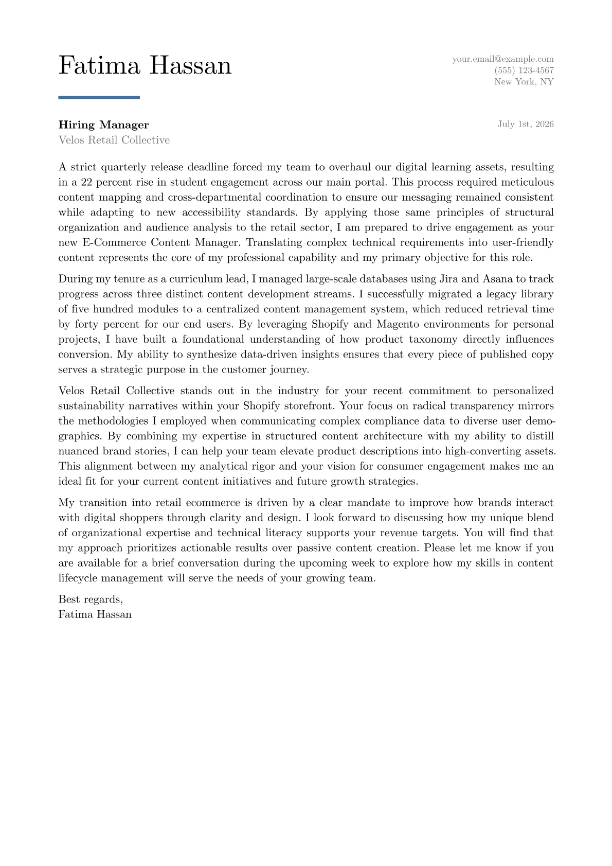 E-Commerce Content Manager cover letter in the Executive design
