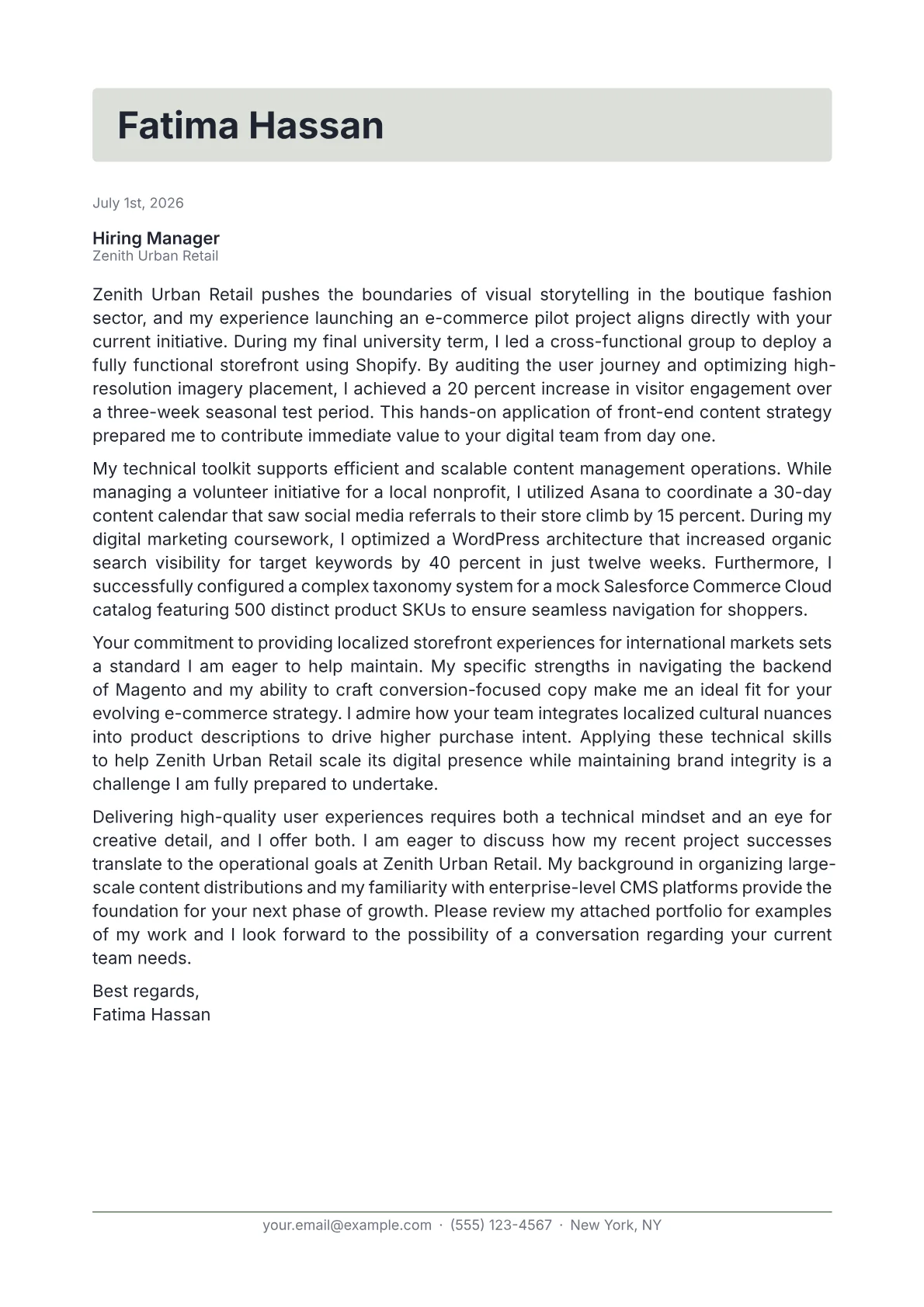 E-Commerce Content Manager cover letter in the Letterhead design