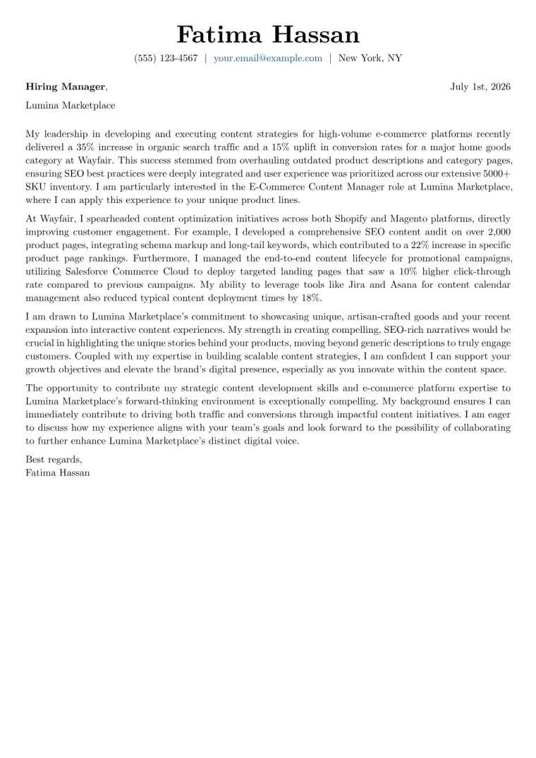E-Commerce Content Manager cover letter example
