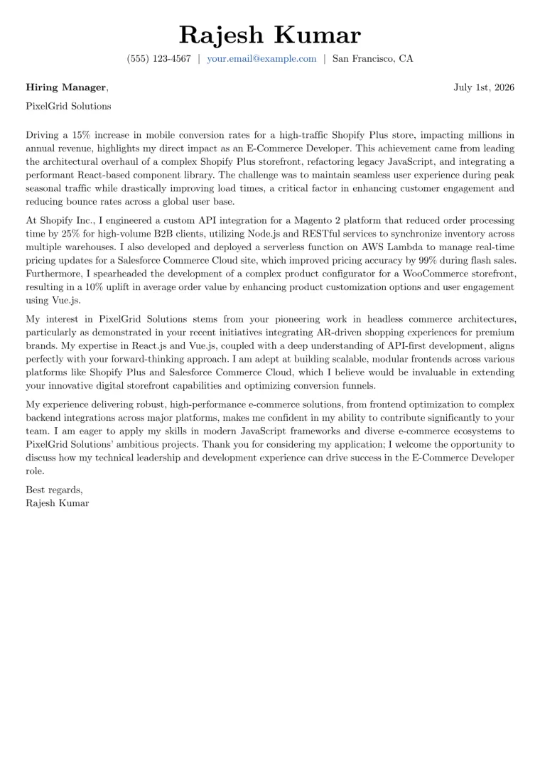 E-Commerce Developer cover letter example preview