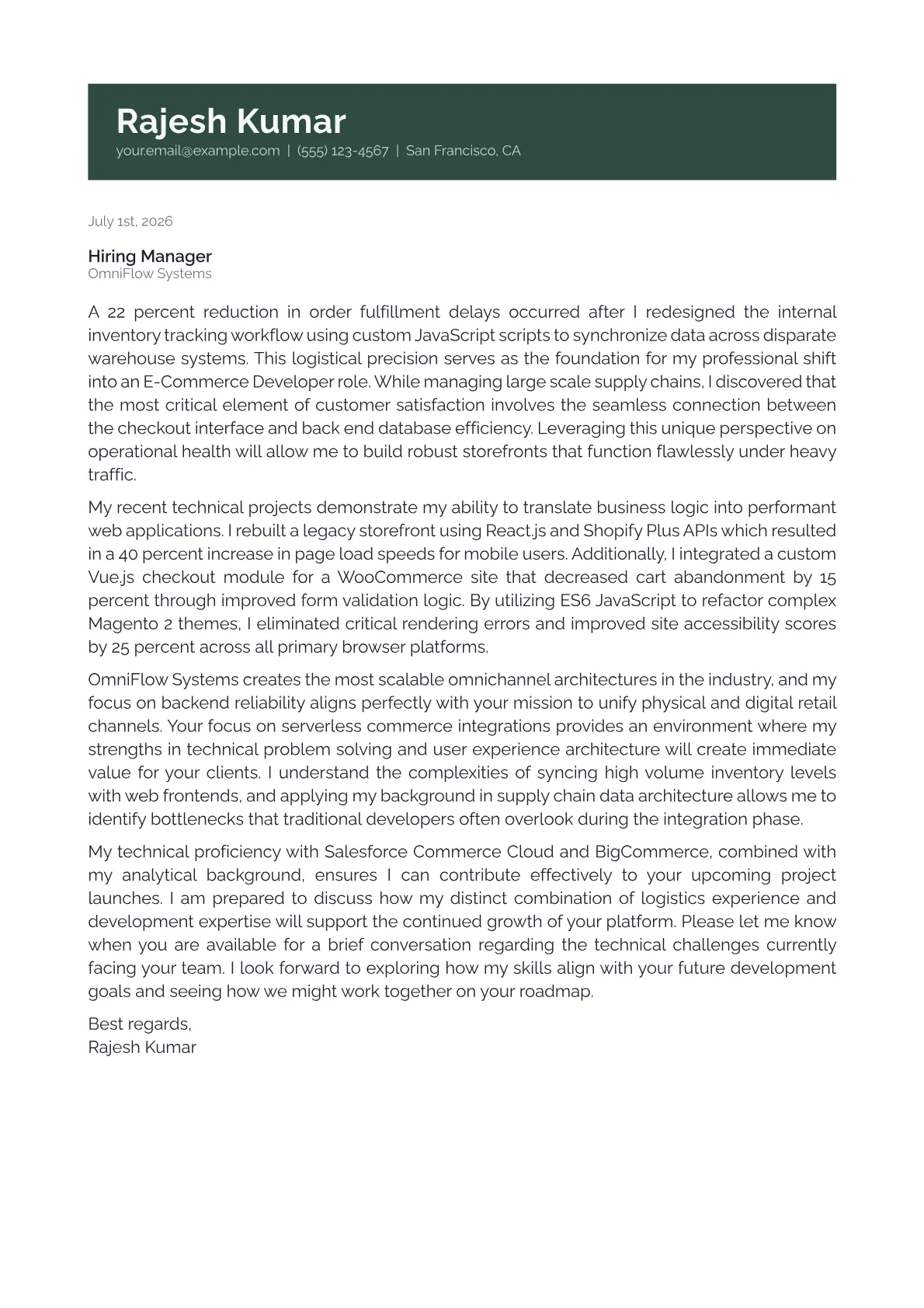 E-Commerce Developer cover letter in the Banner design