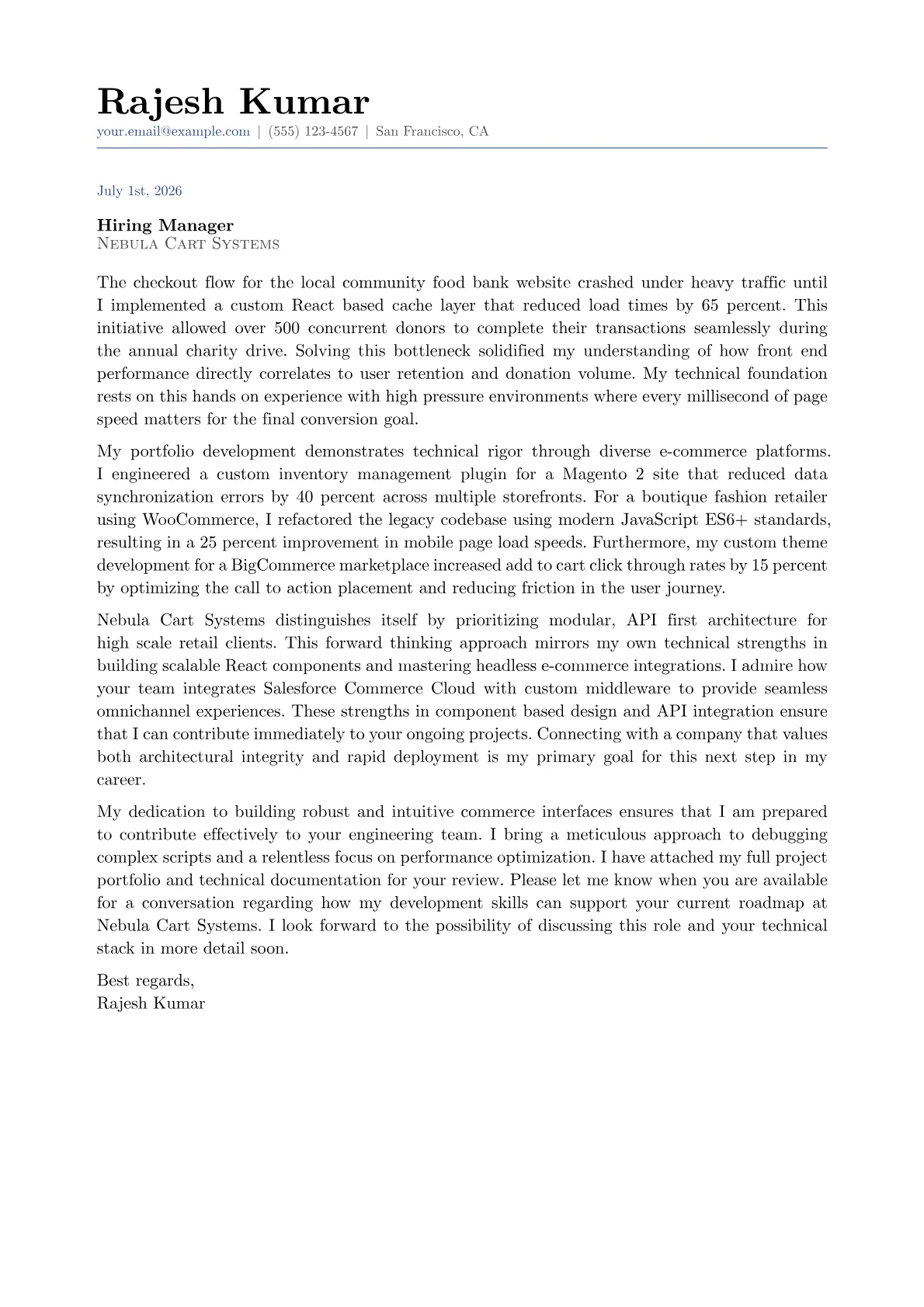E-Commerce Developer cover letter in the Classic design