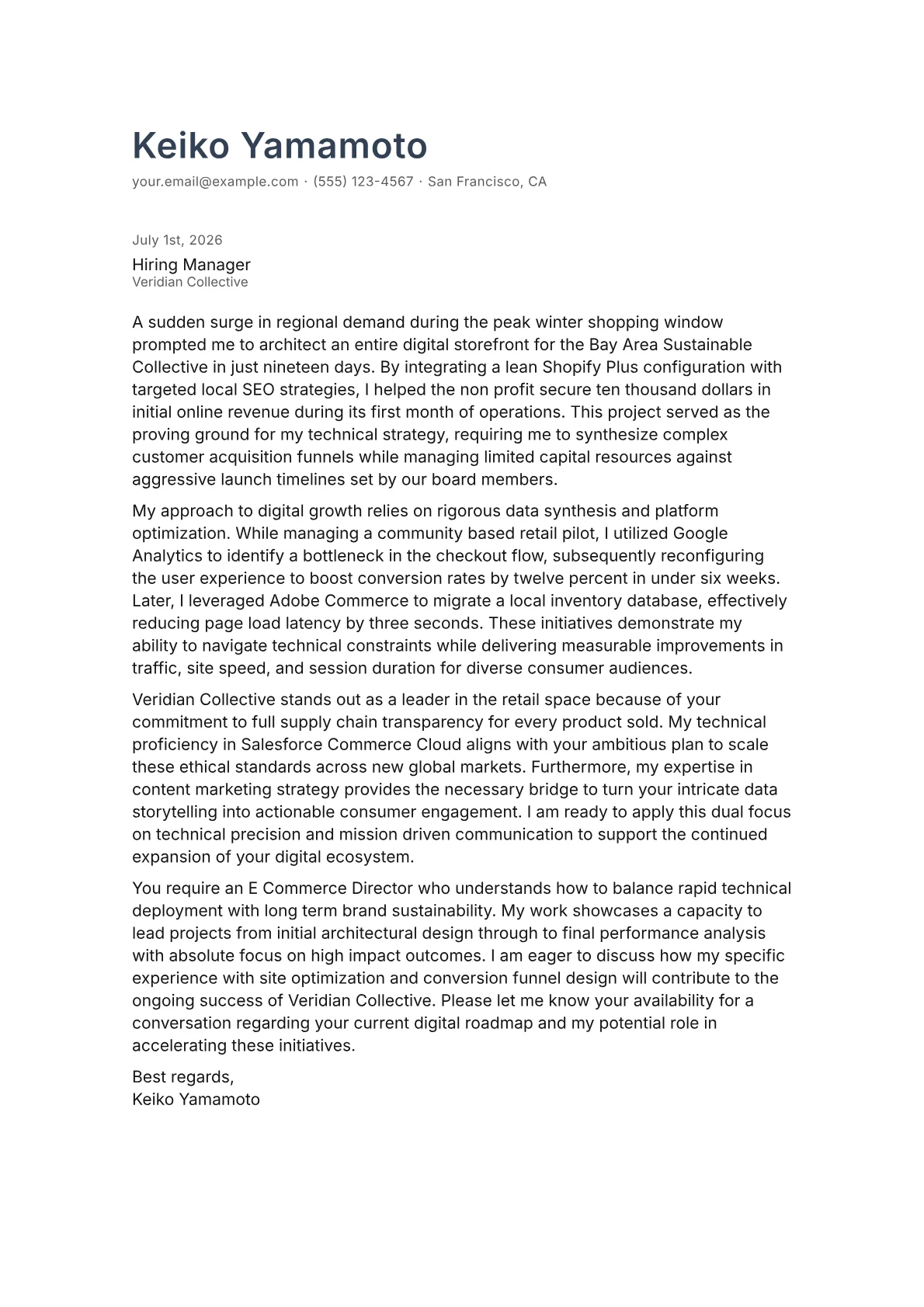 E-Commerce Director cover letter in the Minimal design