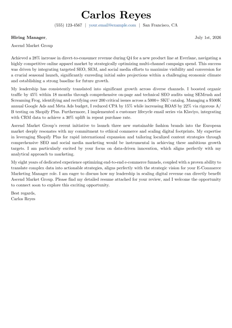E-Commerce Marketing Manager cover letter example preview