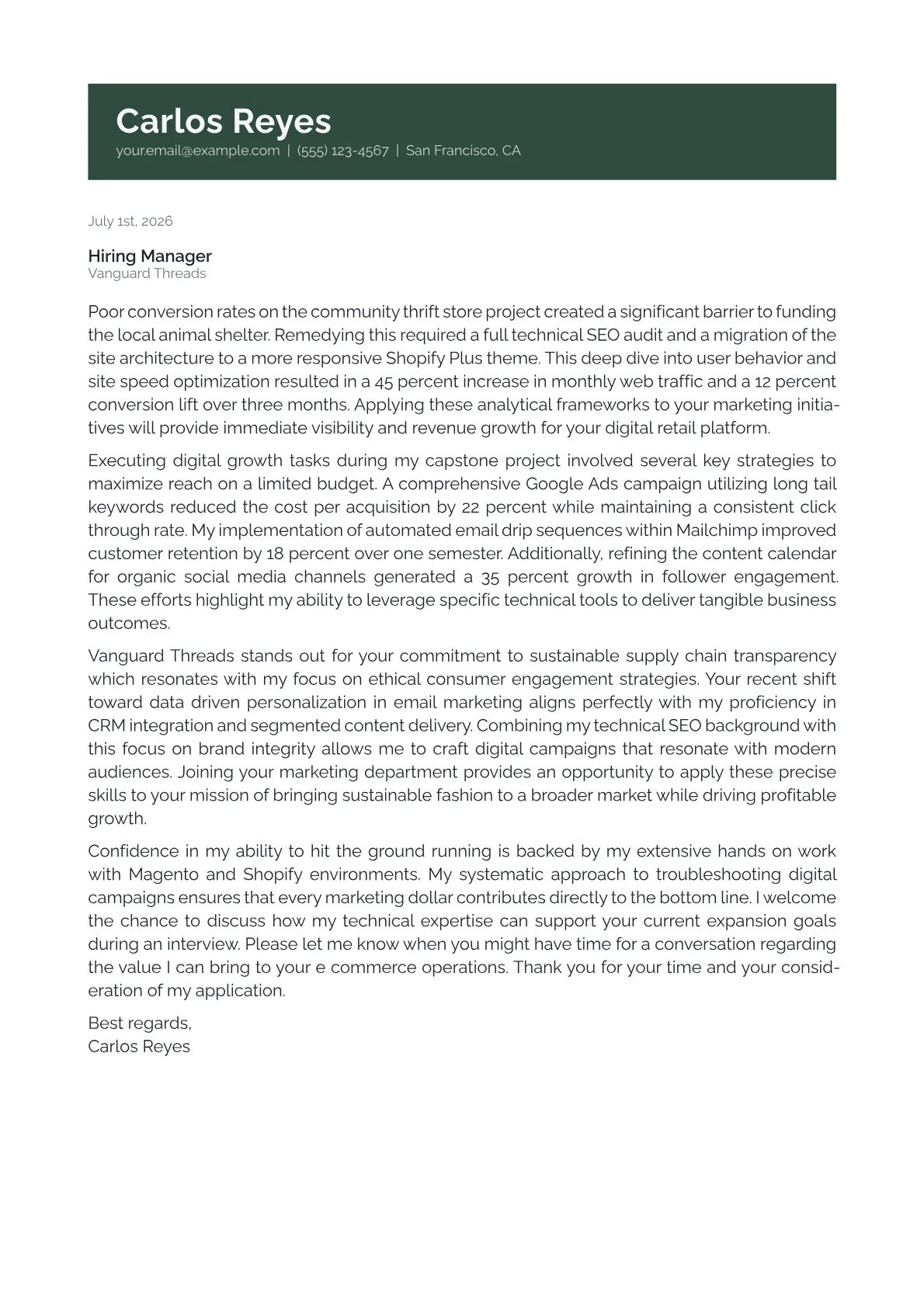 E-Commerce Marketing Manager cover letter in the Banner design