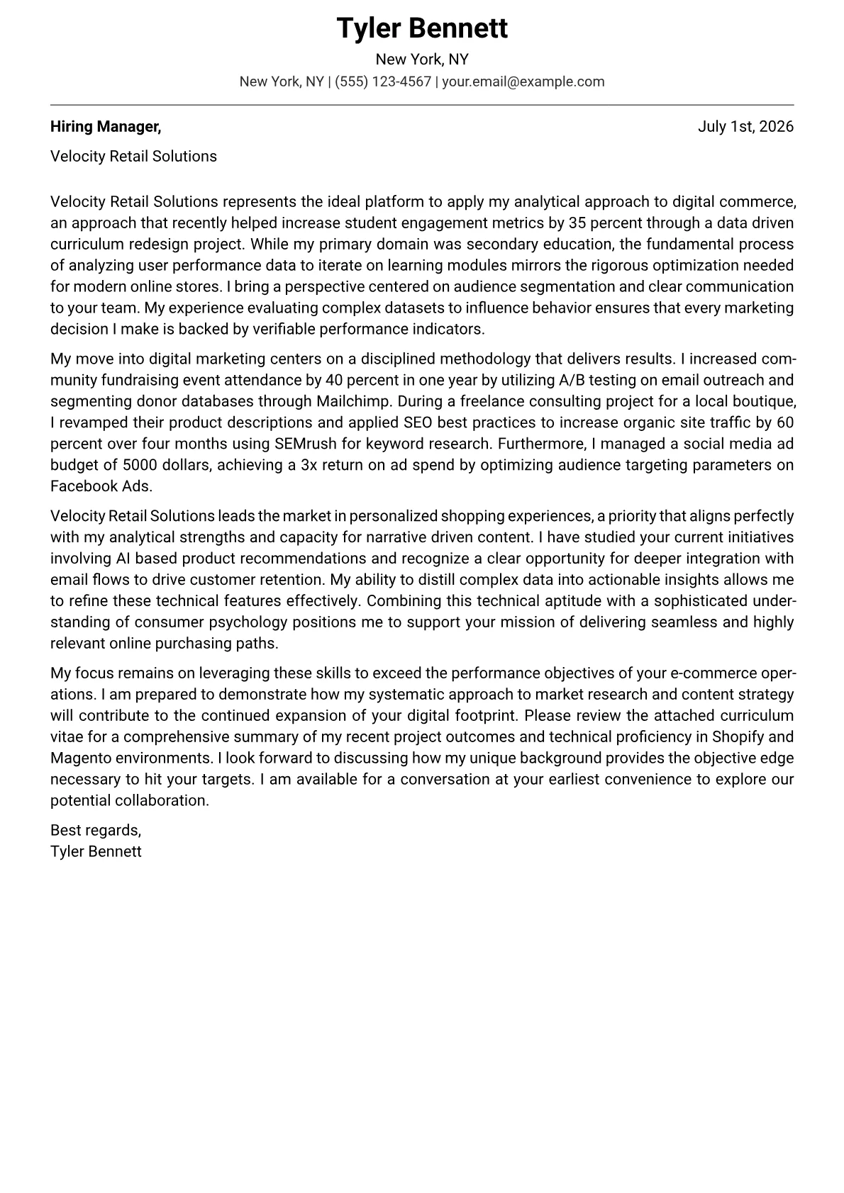 E-Commerce Marketing Specialist cover letter in the Modern design