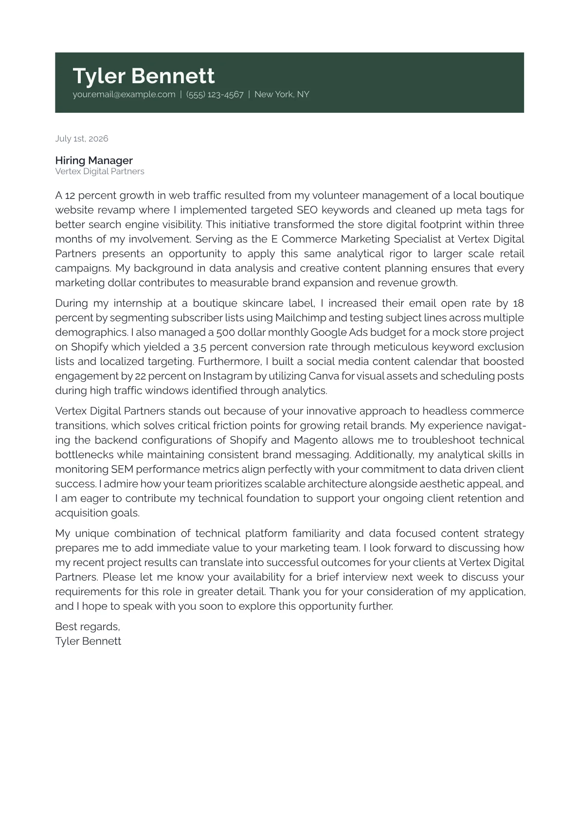 E-Commerce Marketing Specialist cover letter in the Banner design