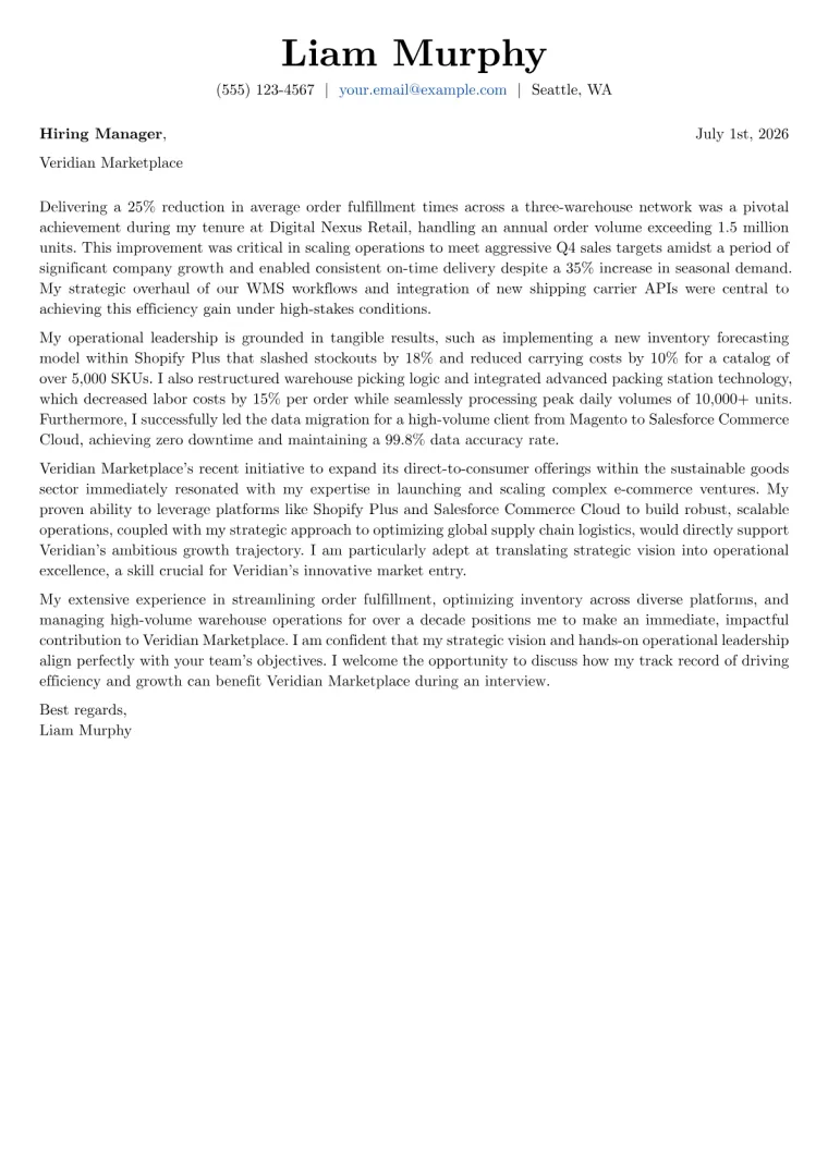 E-Commerce Operations Manager cover letter example preview