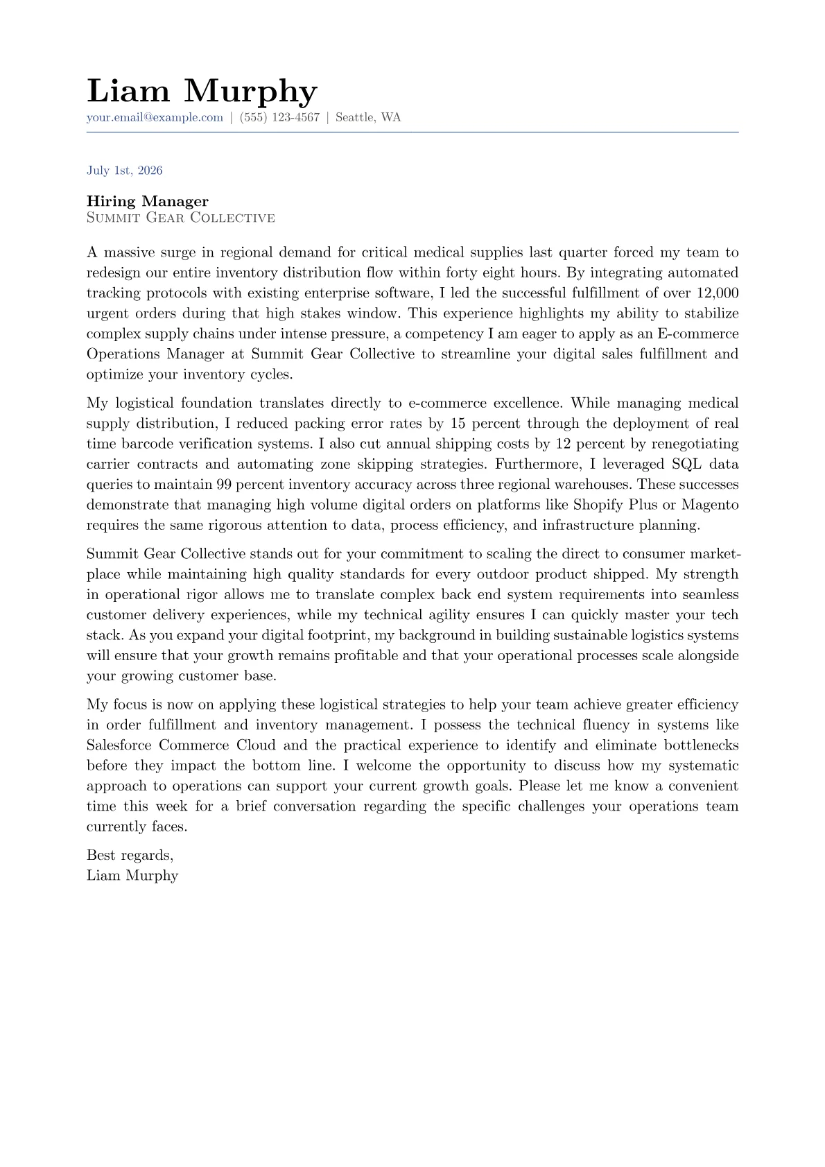 E-Commerce Operations Manager cover letter in the Classic design