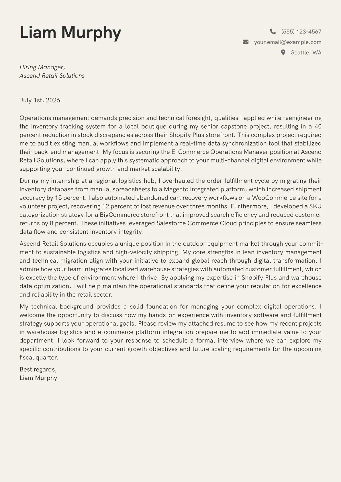 E-Commerce Operations Manager cover letter in the Creative design