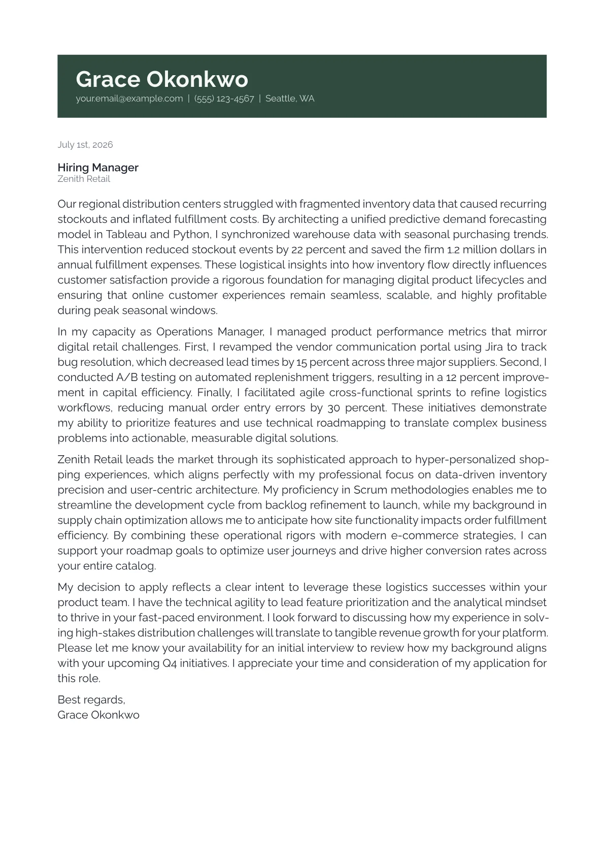E-Commerce Product Manager cover letter in the Banner design