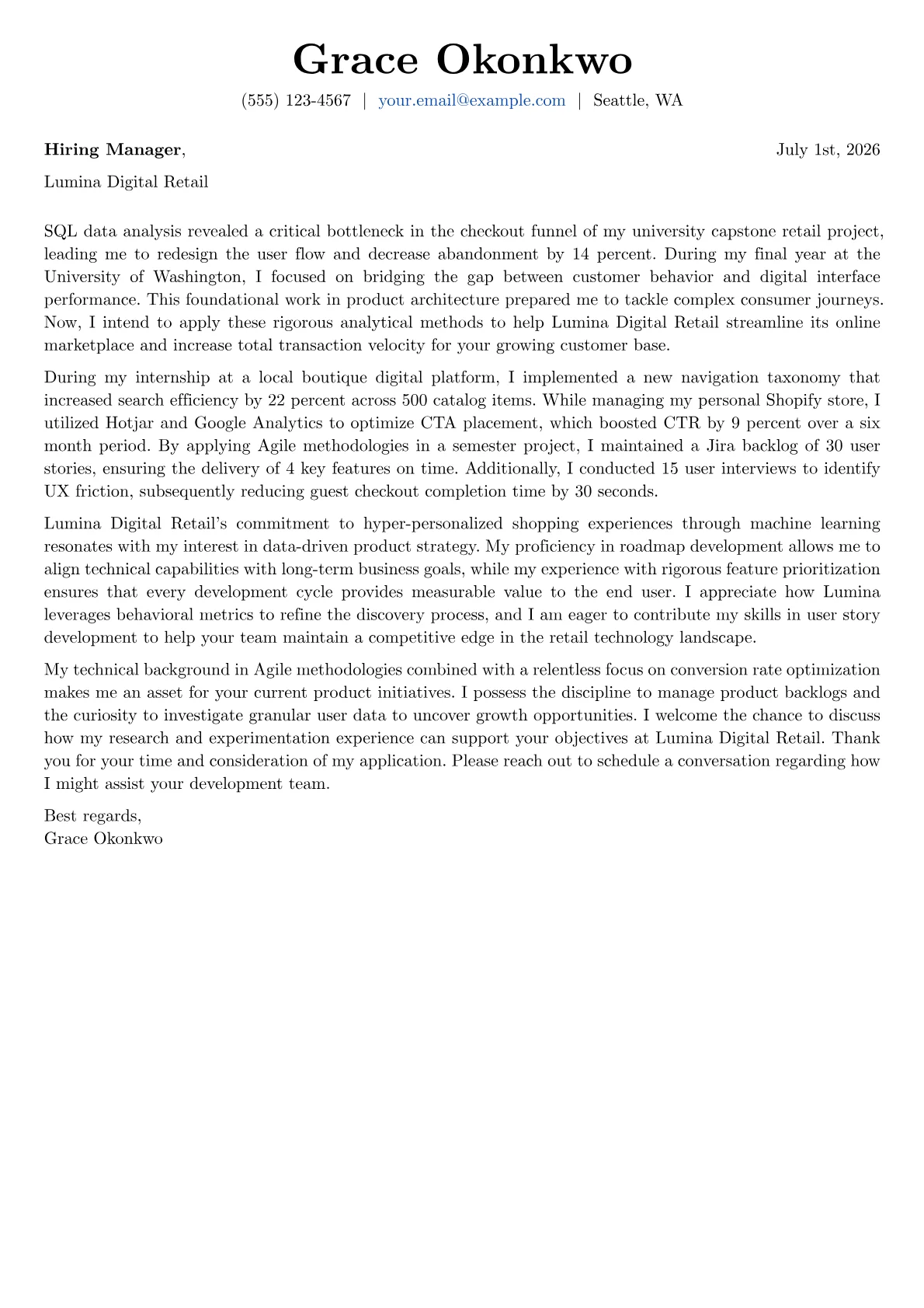 E-Commerce Product Manager cover letter in the Basic design