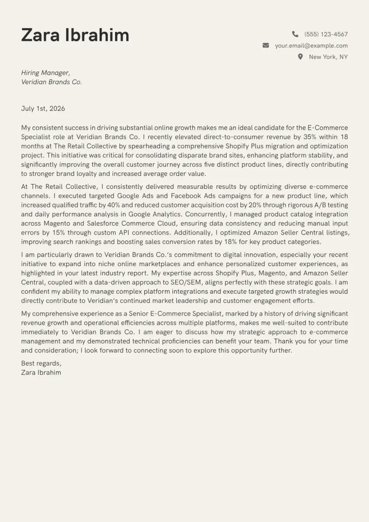 E-Commerce Specialist cover letter example