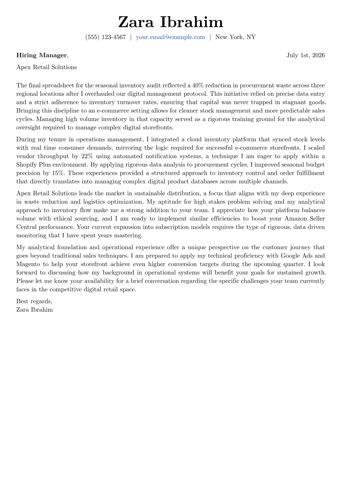 E-Commerce Specialist cover letter in the Basic design