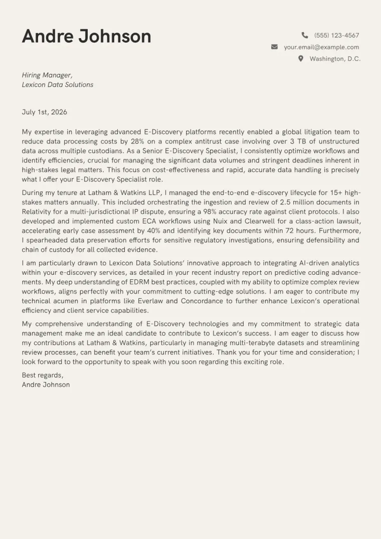 E-Discovery Specialist cover letter example preview