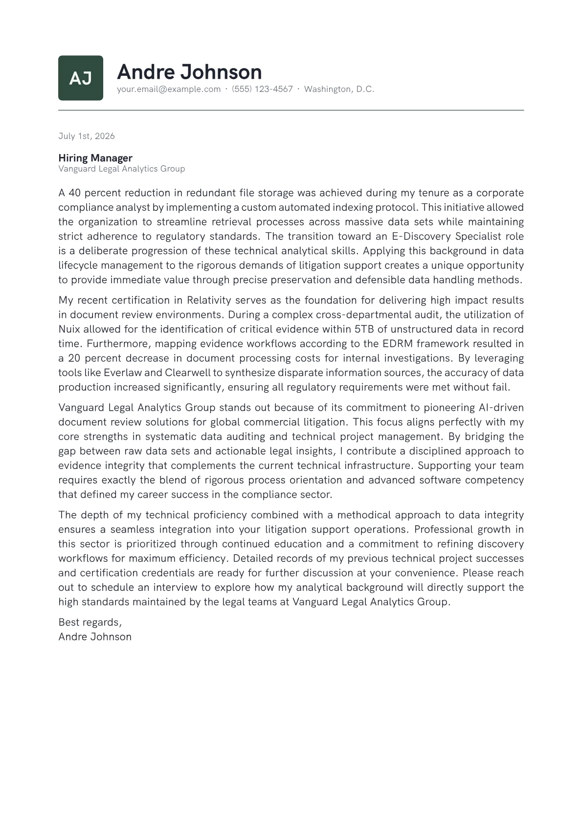E-Discovery Specialist cover letter in the Emblem design