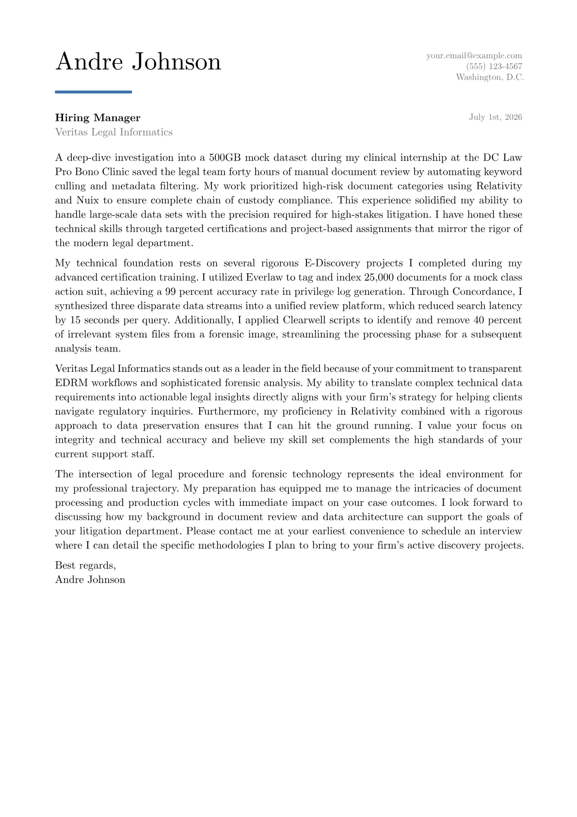 E-Discovery Specialist cover letter in the Executive design