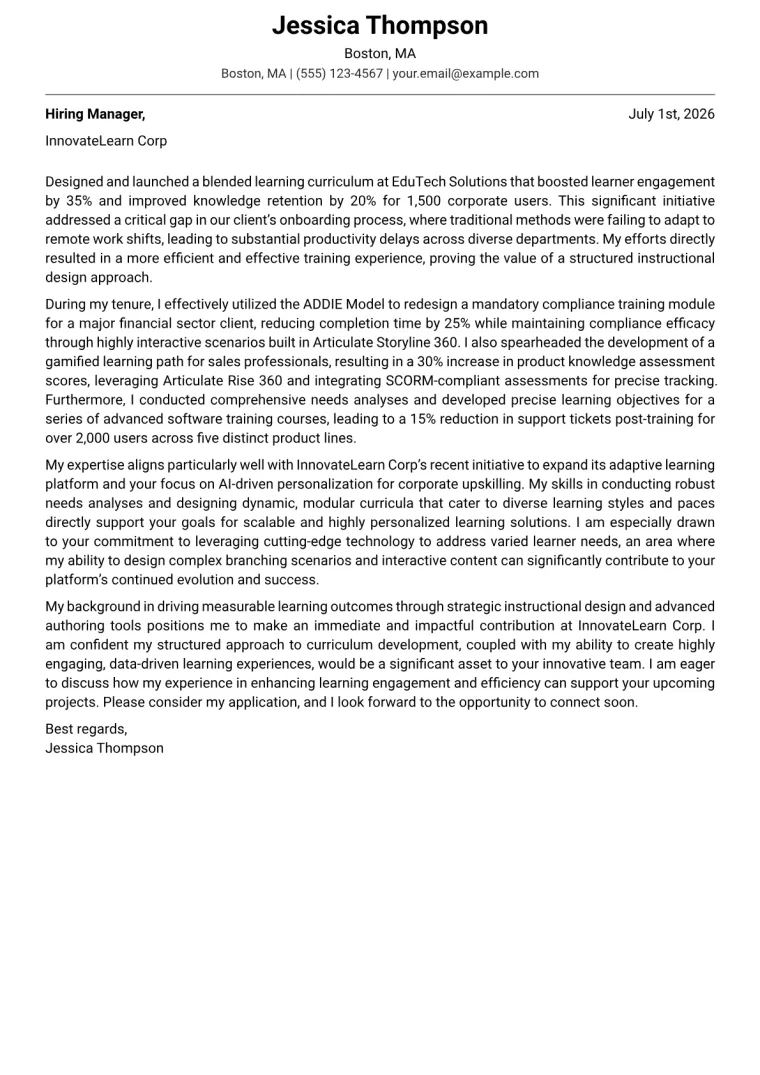 E-Learning Designer cover letter example preview