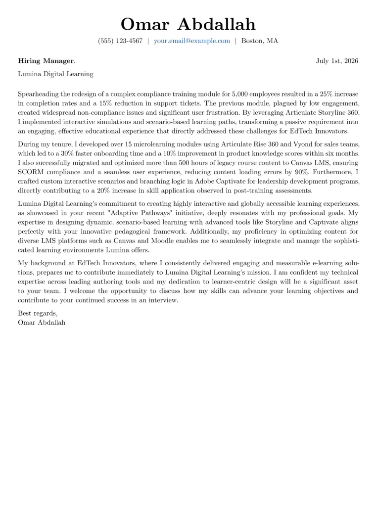 E-Learning Developer cover letter example