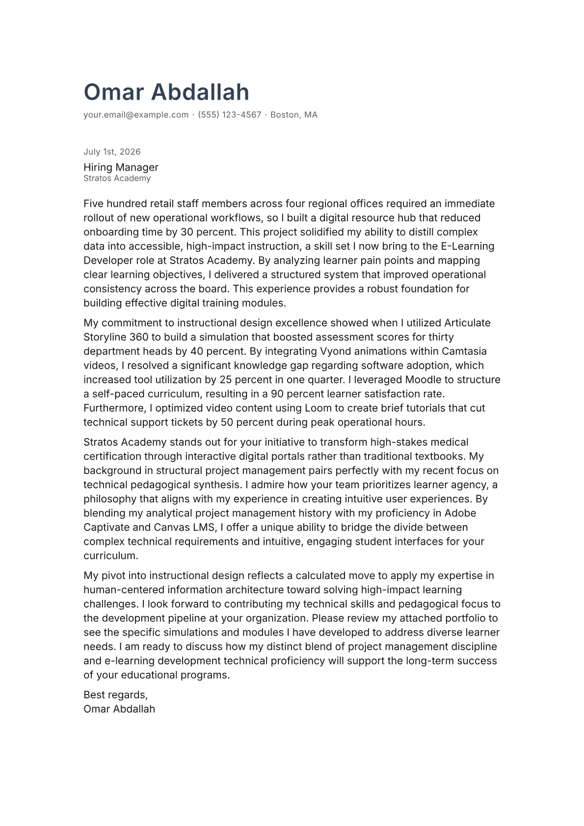 E-Learning Developer cover letter in the Minimal design