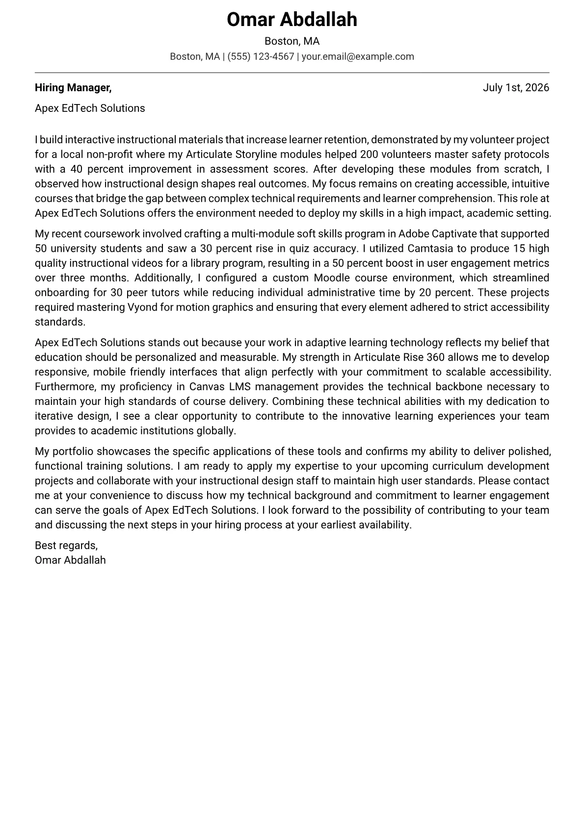 E-Learning Developer cover letter in the Modern design