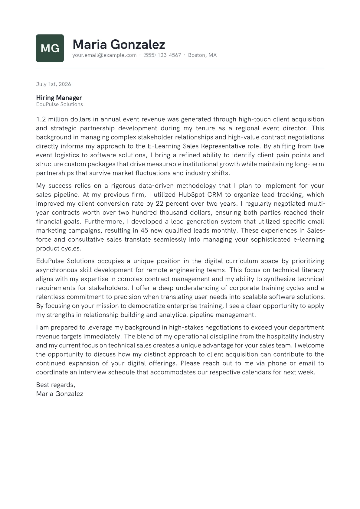 E-Learning Sales Representative cover letter in the Emblem design