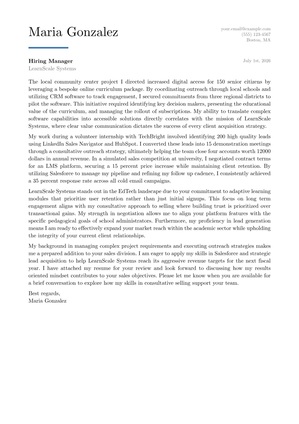 E-Learning Sales Representative cover letter in the Executive design