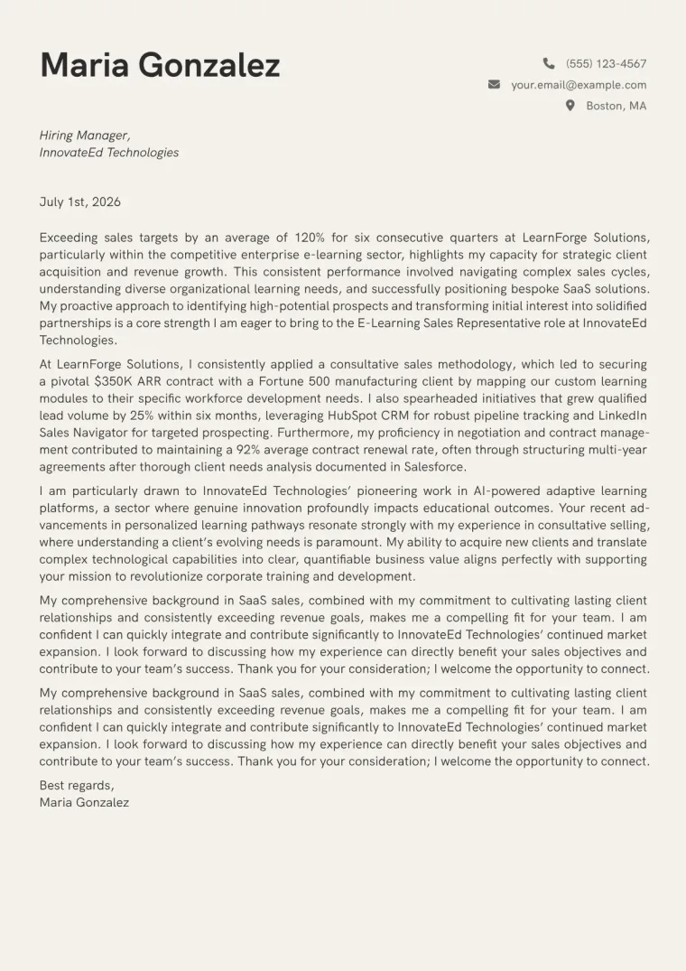 E-Learning Sales Representative cover letter example preview