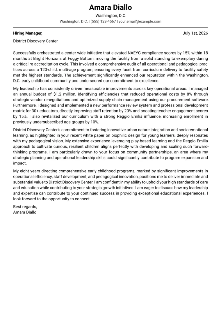 Early Childhood Director cover letter example