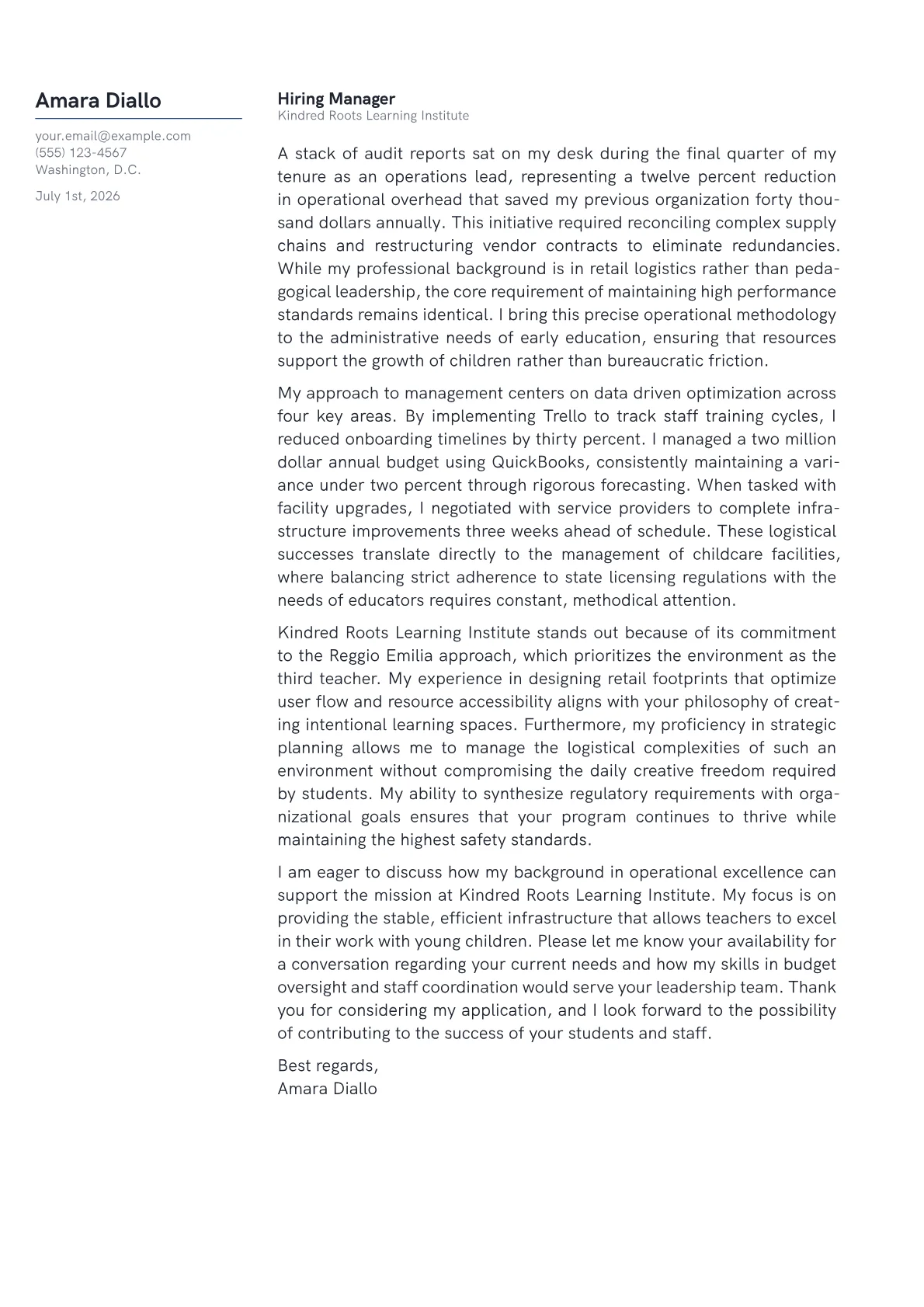 Early Childhood Director cover letter in the Margin design