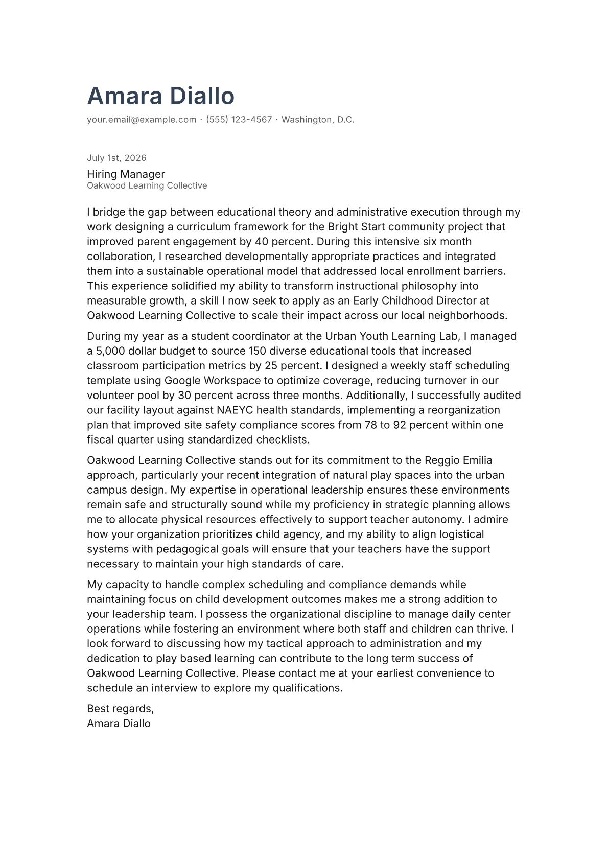 Early Childhood Director cover letter in the Minimal design