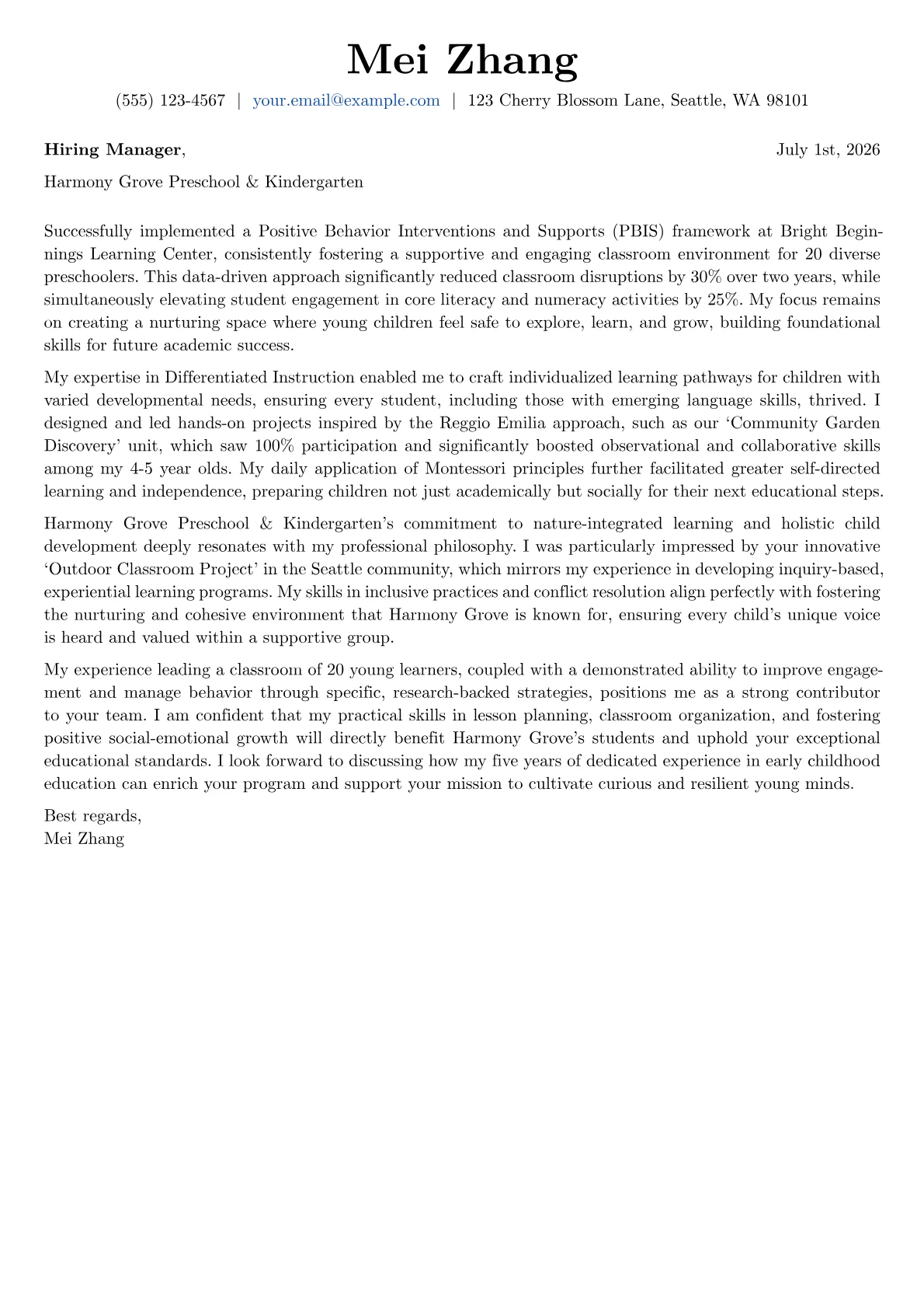 Early Childhood Education cover letter formatted with a JobSprout template