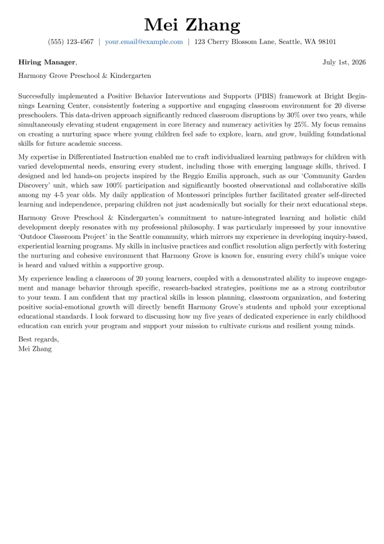 Early Childhood Education Cover Letter Example