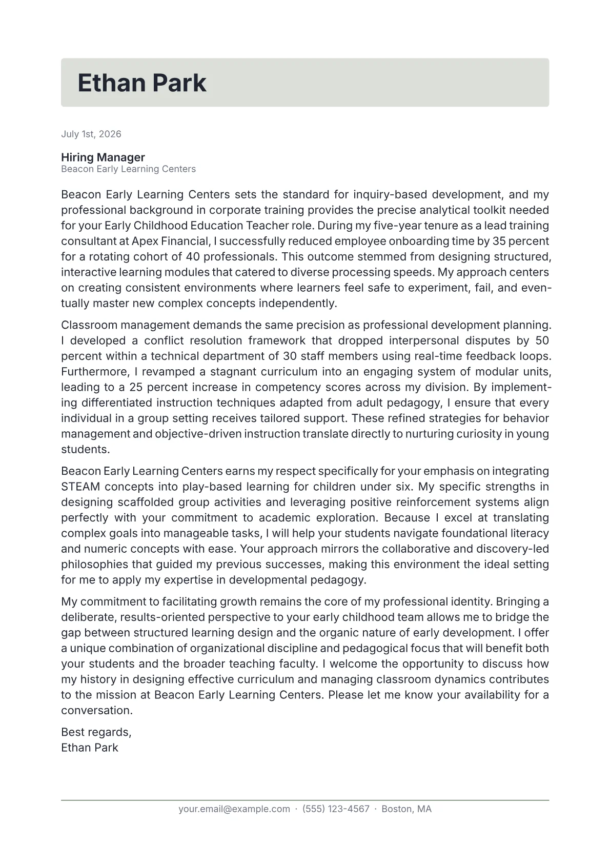 Early Childhood Education Teacher cover letter in the Letterhead design