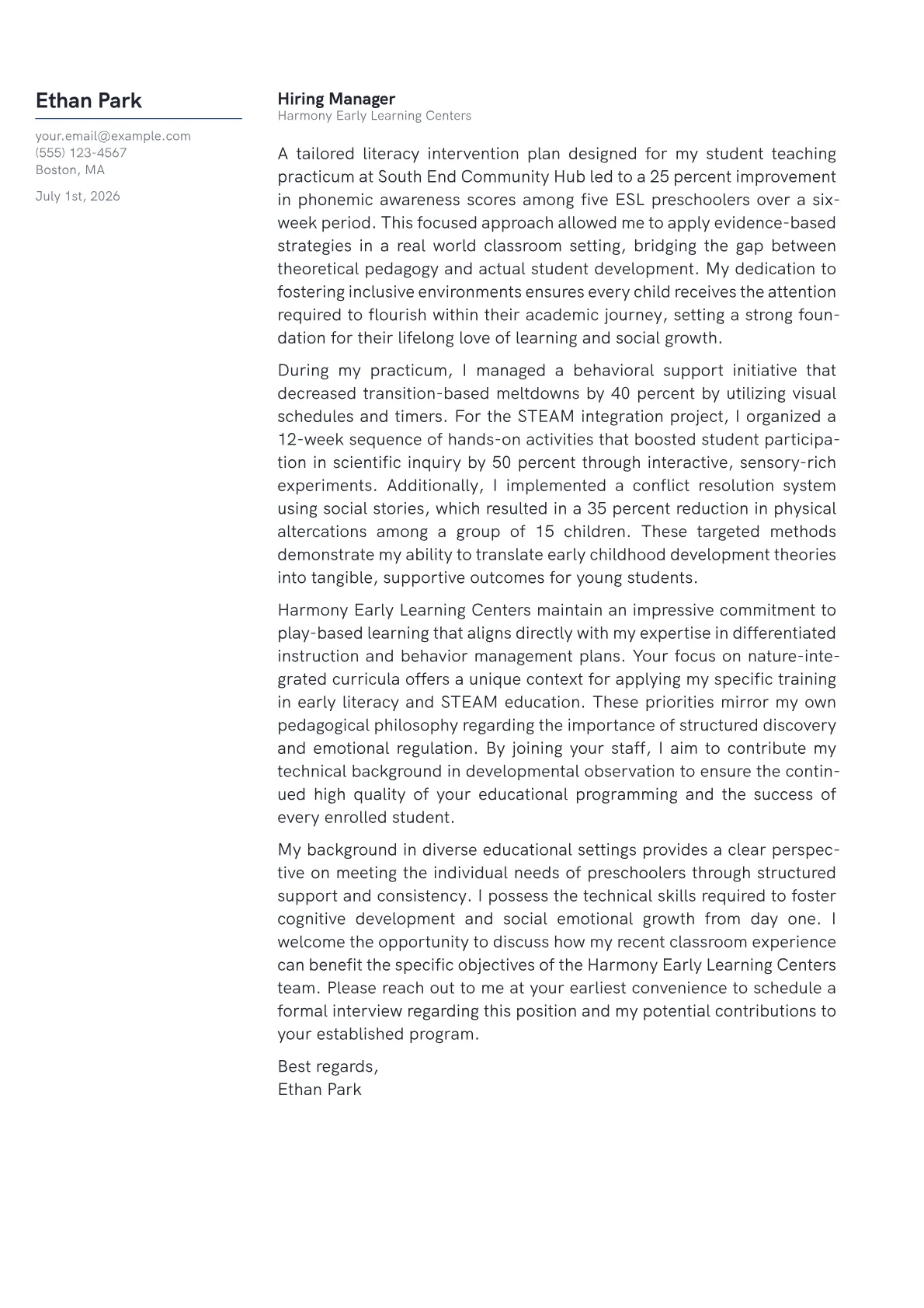 Early Childhood Education Teacher cover letter in the Margin design