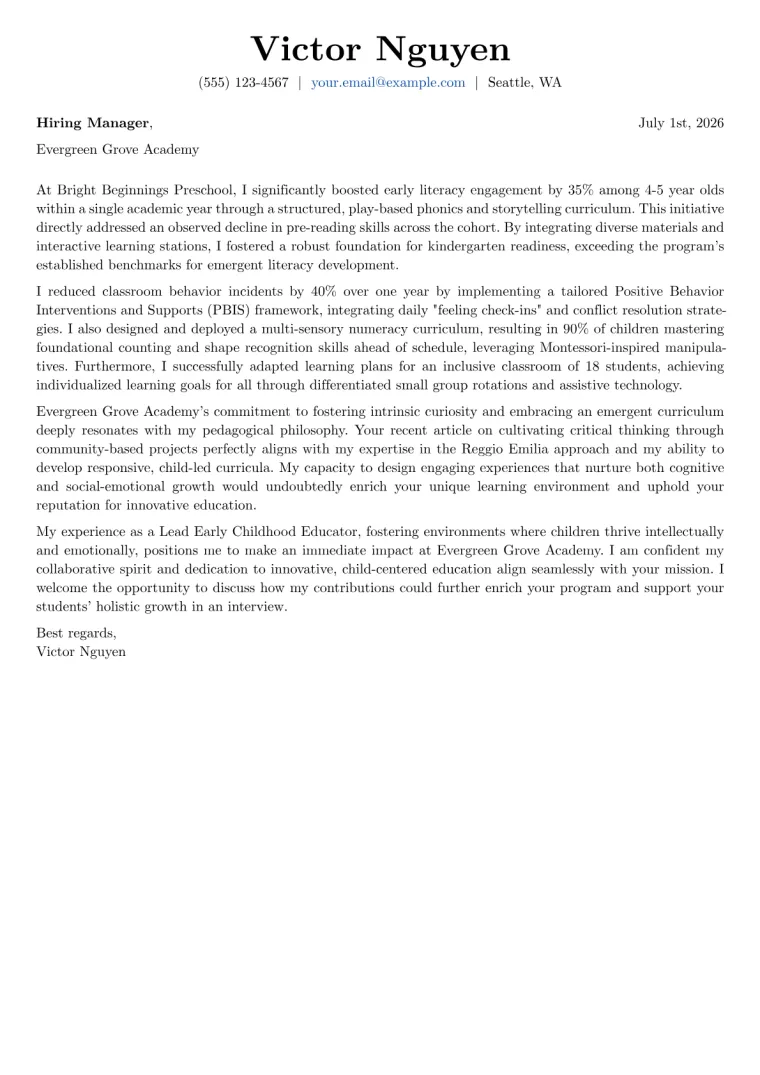 Early Childhood Educator Cover Letter Example