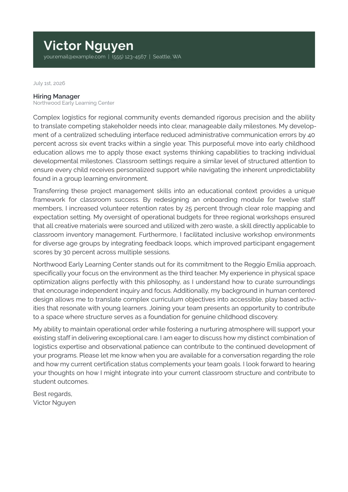 Early Childhood Educator cover letter in the Banner design