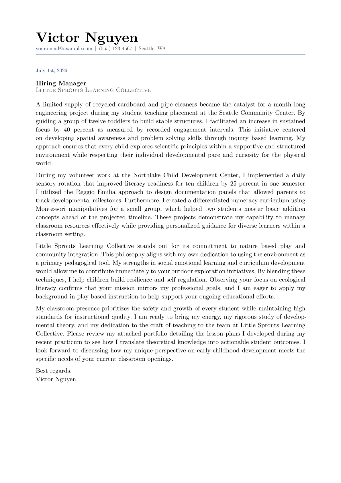 Early Childhood Educator cover letter in the Classic design