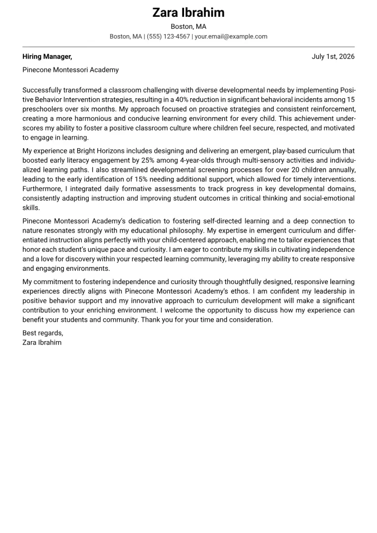 Early Childhood Teacher Cover Letter Example