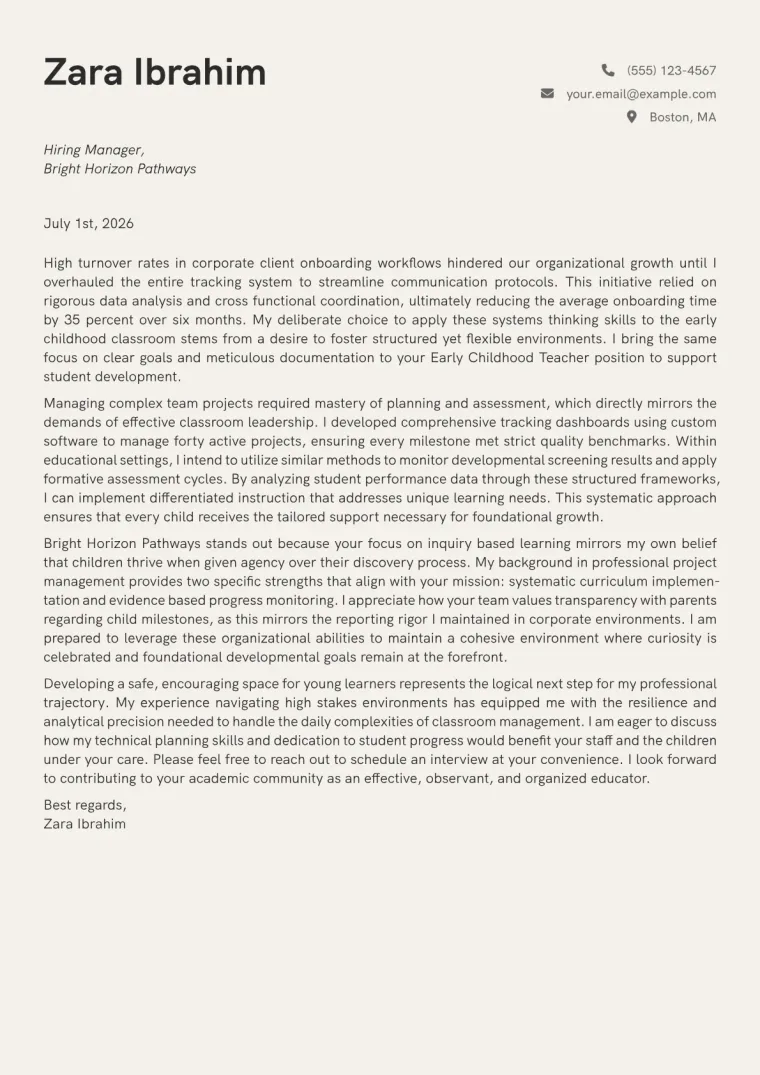 Early Childhood Teacher cover letter for a career changer