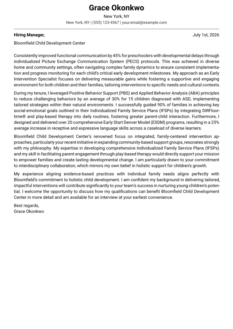 Early Intervention Specialist cover letter example preview