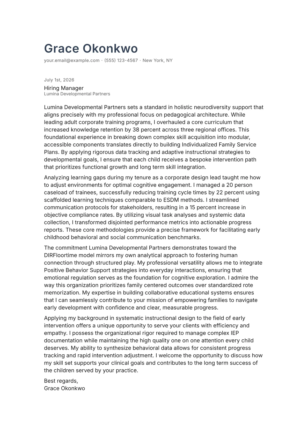 Early Intervention Specialist cover letter in the Minimal design