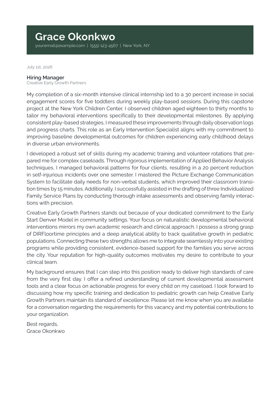Early Intervention Specialist cover letter in the Banner design