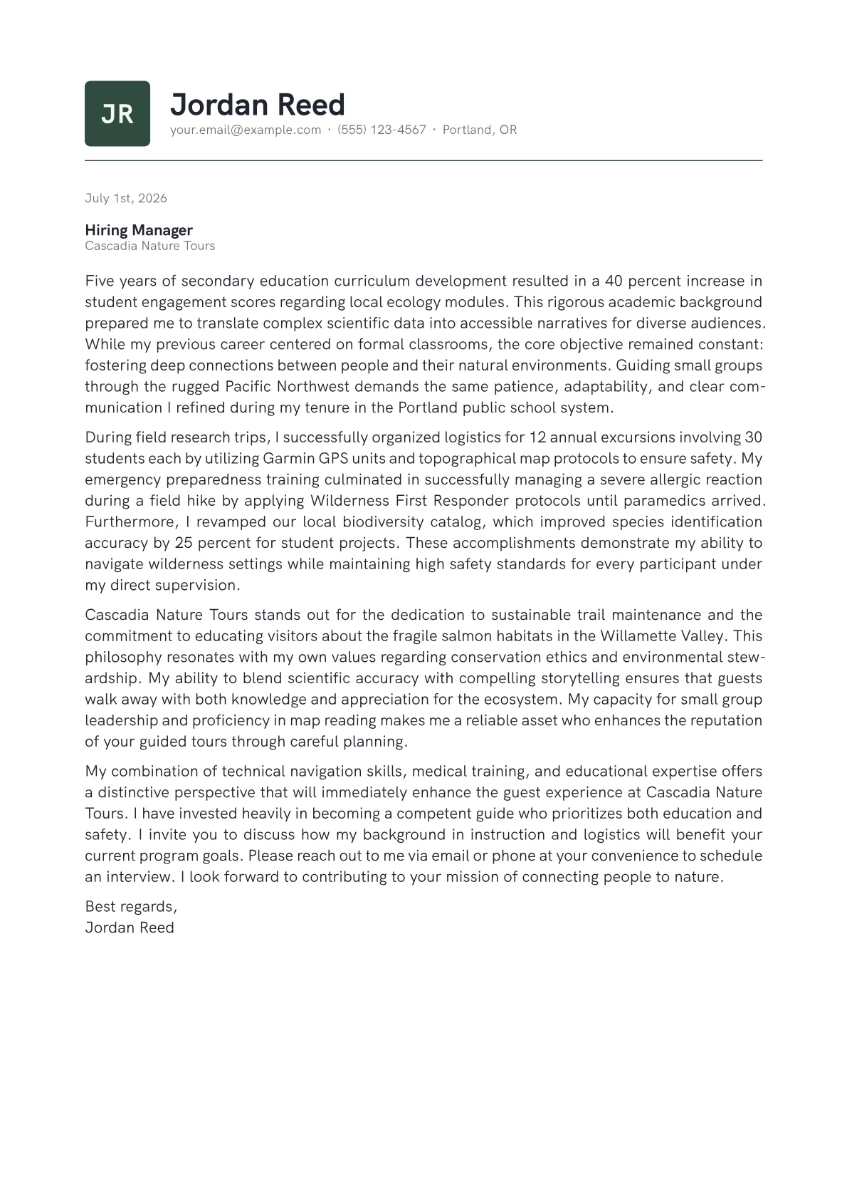 Eco-Tourism Guide cover letter in the Emblem design
