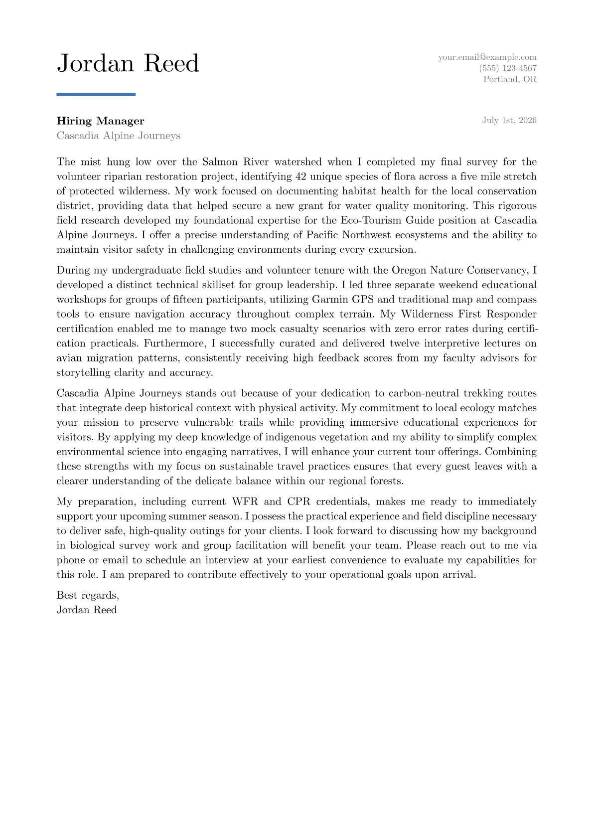 Eco-Tourism Guide cover letter in the Executive design
