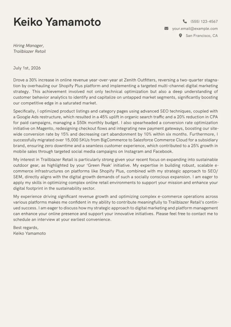 E-Commerce Manager cover letter example