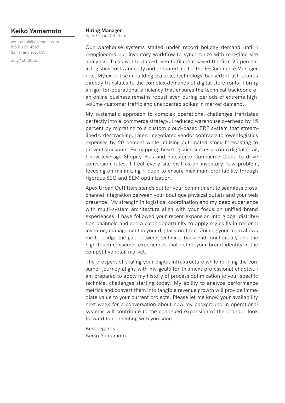 E-Commerce Manager cover letter in the Margin design