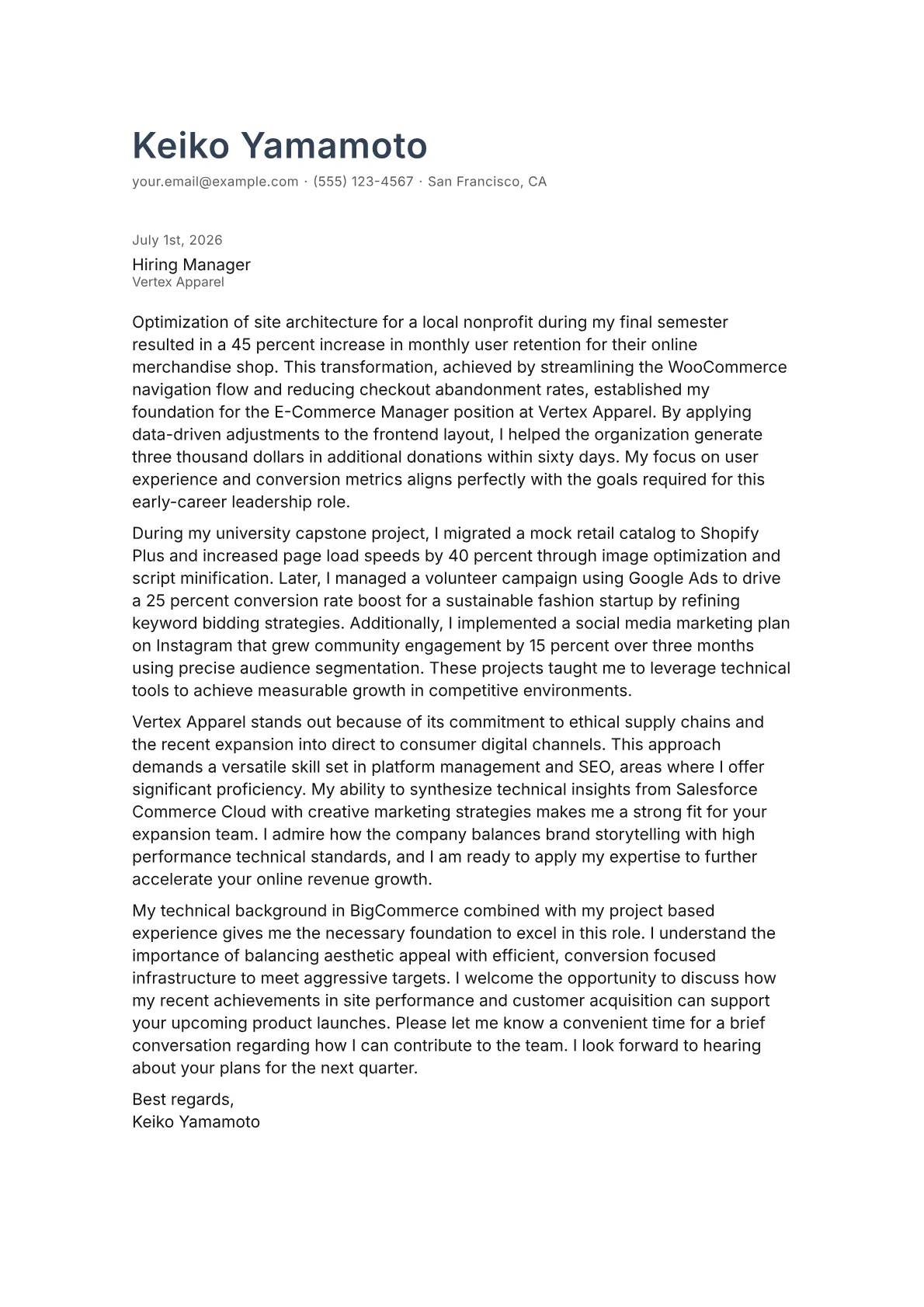 E-Commerce Manager cover letter in the Minimal design